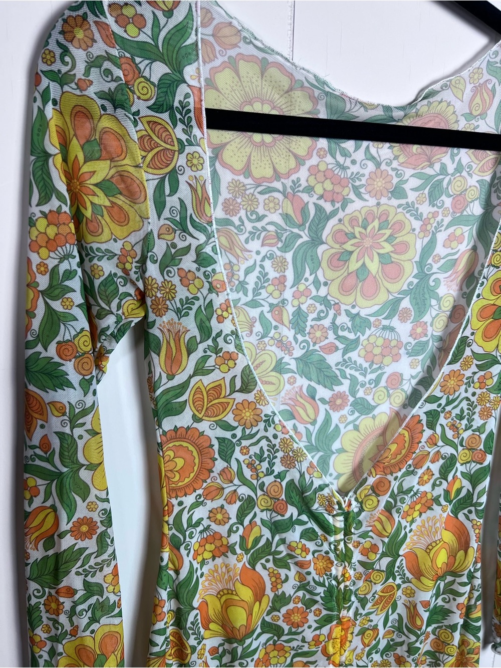 Retro Hippie Mesh Floral Long-Sleeve Mini Sheer Dress Deep V Back - Picture 5 of 14